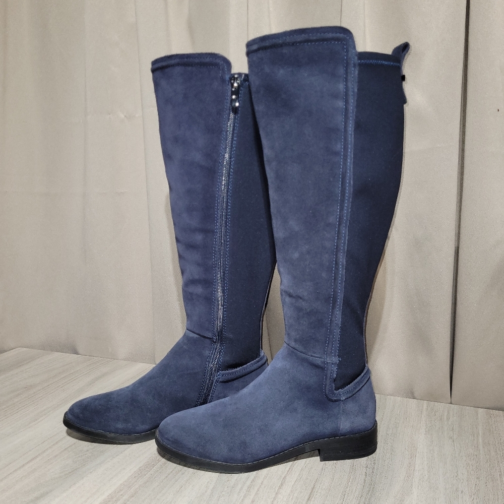 Marc Fisher Shiani Tall Knee-High Navy Blue Suede Stretch Wide-Calf Boots Sz 6
